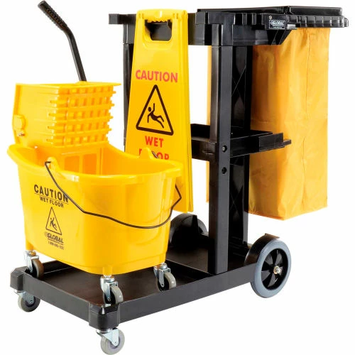 Global Industrial™ Janitor Cart Black with Mop Bucket and Wet Floor Sign 1 Global Industrial™ Janitor Cart Black with Mop Bucket and Wet Floor Sign
