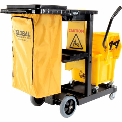 Global Industrial™ Janitor Cart Black with Mop Bucket and Wet Floor Sign 2 Global Industrial™ Janitor Cart Black with Mop Bucket and Wet Floor Sign - Image 2